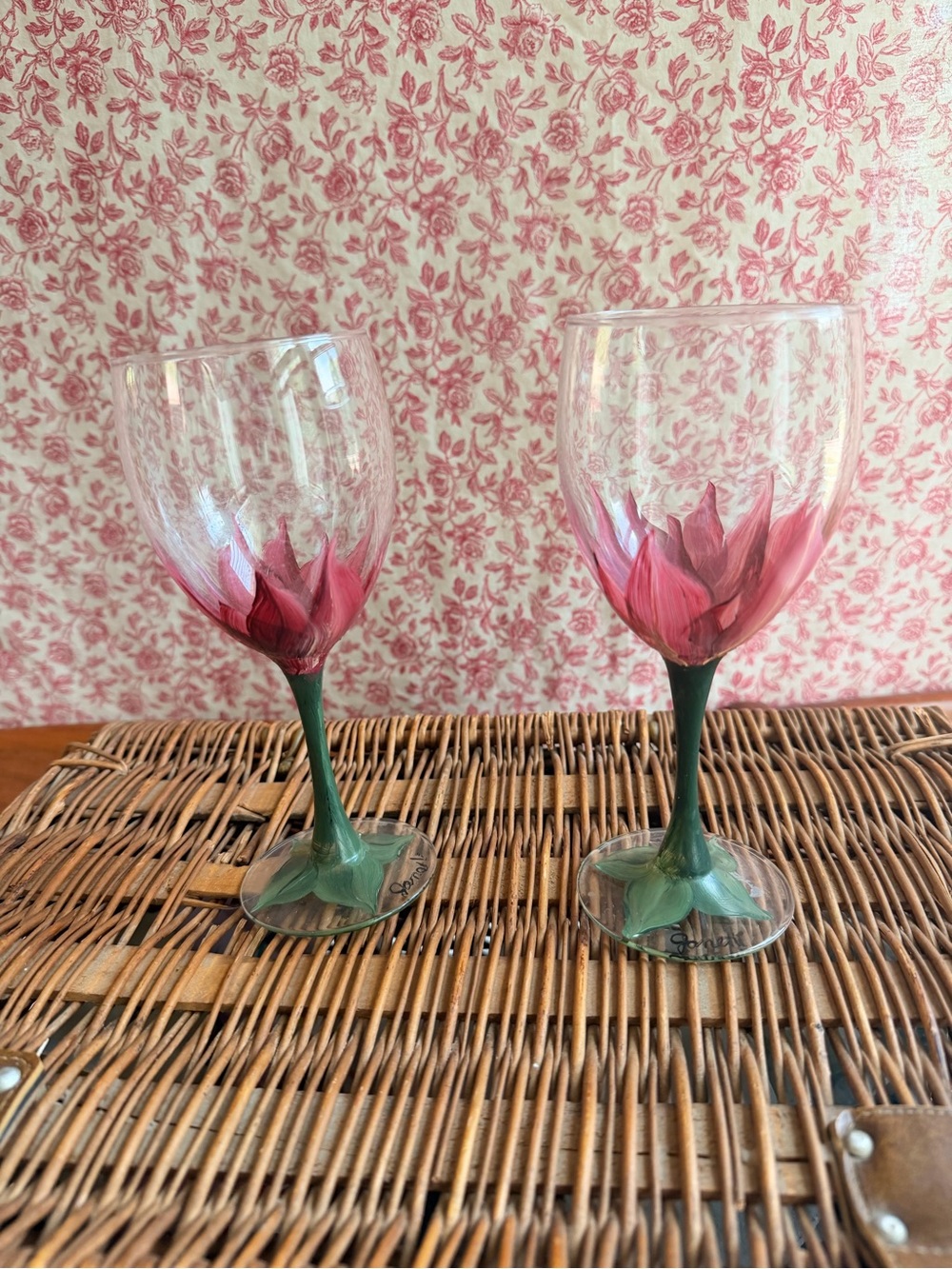 Hand-Painted Floral Wine Glasses - Pink & Green - Picture 1 of 5